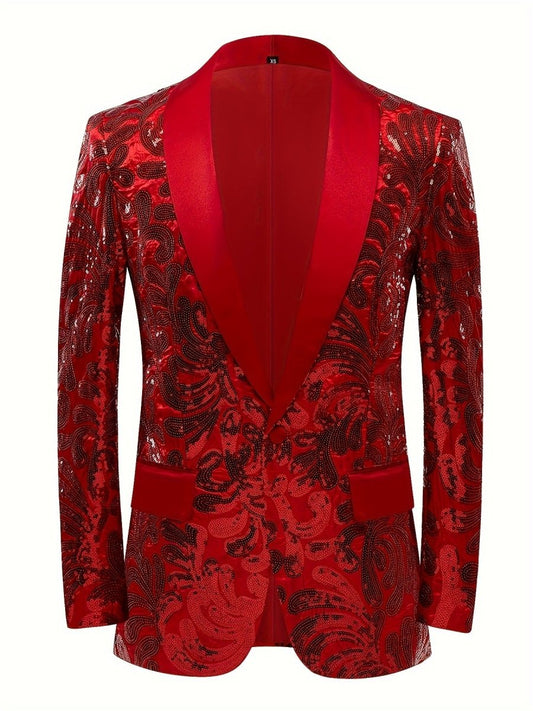 Glittering Mens Sequin Blazer Jacket - Red Shawl Collar for Show - Stopping Evening & Event Wear - Fashion - Forward Party Style, Perfect for Red Carpet Events - SHOWLU FASHION STORE