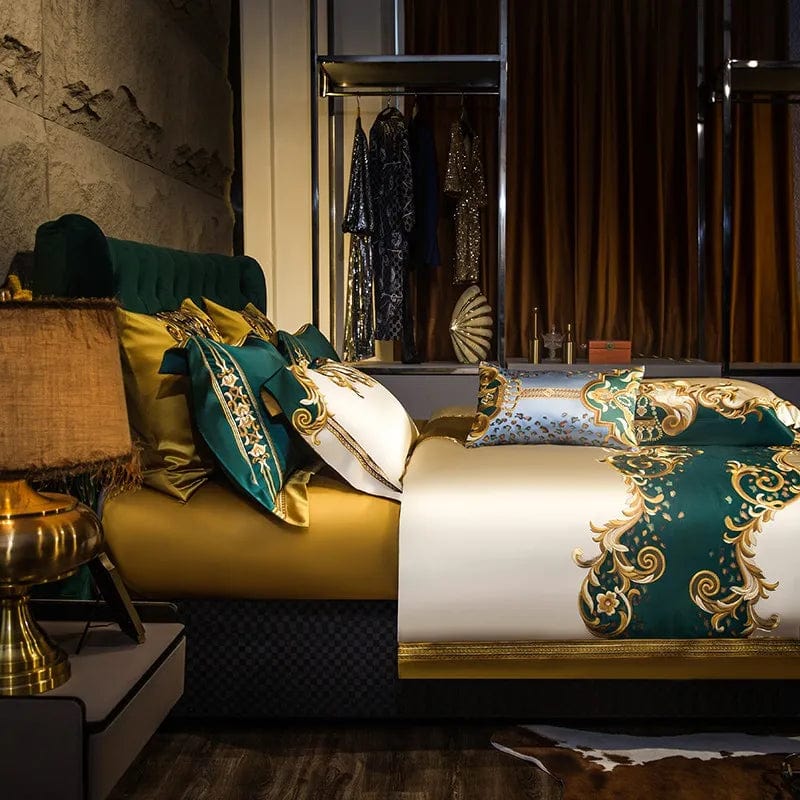 Gold and Green Satin Embroidery Patchwork Duvet Cover Queen King Luxury Royal Bedding Sets Cotton Bed Sheet Bedspread Pillowcase - SHOWLU FASHION STORE