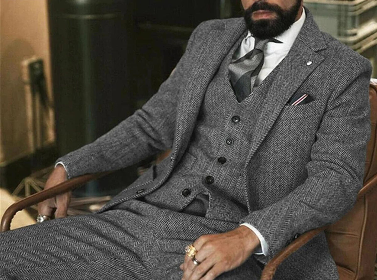 Gray Wool Tweed Winter Suit for Men Herringbone Slim Fit Formal Groom Tuxedo 3 Piece Wedding Male Suits (Jacket+Vest+Pants) - SHOWLU FASHION STORE