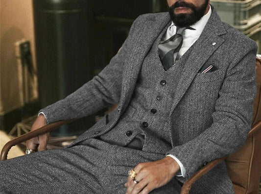 Gray Wool Tweed Winter Suit for Men Herringbone Slim Fit Formal Groom Tuxedo 3 Piece Wedding Male Suits (Jacket+Vest+Pants) - SHOWLU FASHION STORE