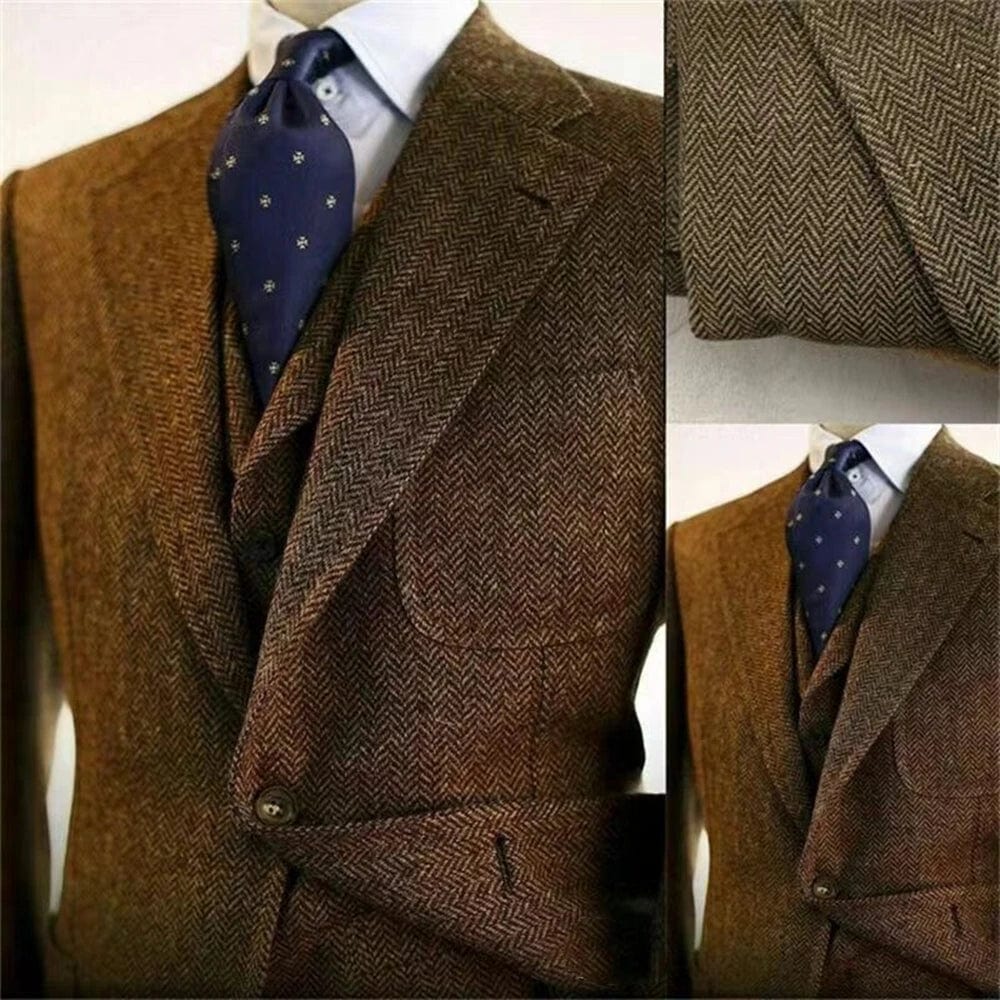 Gray Wool Tweed Winter Suit for Men Herringbone Slim Fit Formal Groom Tuxedo 3 Piece Wedding Male Suits (Jacket+Vest+Pants) - SHOWLU FASHION STORE