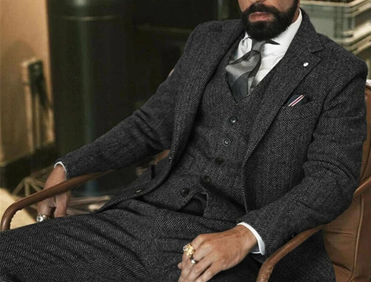 Gray Wool Tweed Winter Suit for Men Herringbone Slim Fit Formal Groom Tuxedo 3 Piece Wedding Male Suits (Jacket+Vest+Pants) - SHOWLU FASHION STORE
