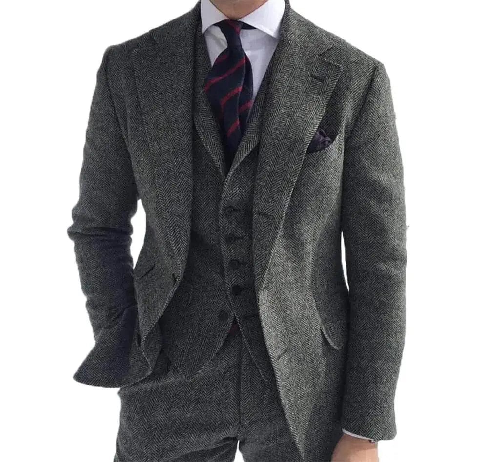 Gray Wool Tweed Winter Suit for Men Herringbone Slim Fit Formal Groom Tuxedo 3 Piece Wedding Male Suits (Jacket+Vest+Pants) - SHOWLU FASHION STORE