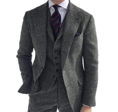 Gray Wool Tweed Winter Suit for Men Herringbone Slim Fit Formal Groom Tuxedo 3 Piece Wedding Male Suits (Jacket+Vest+Pants) - SHOWLU FASHION STORE
