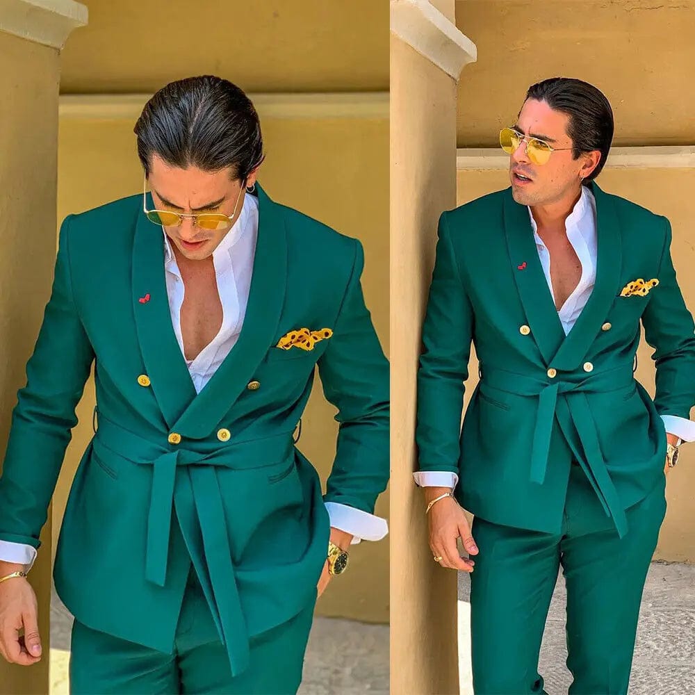 Green Men Suits Slim Fit Double Breasted Shawl Lapel Formal Wedding Tuxedo Set Traje Americana Hombre 2PCS - SHOWLU FASHION STORE