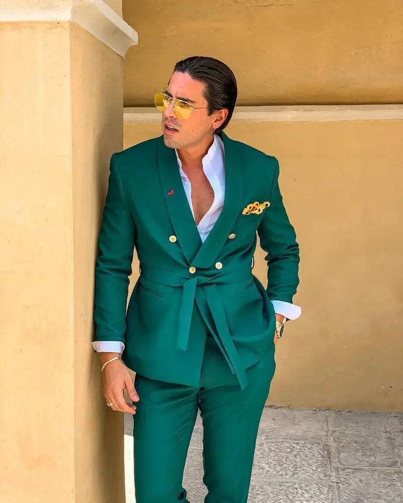 Green Men Suits Slim Fit Double Breasted Shawl Lapel Formal Wedding Tuxedo Set Traje Americana Hombre 2PCS - SHOWLU FASHION STORE