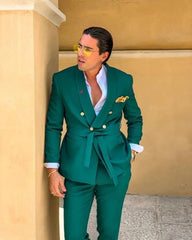 Green Men Suits Slim Fit Double Breasted Shawl Lapel Formal Wedding Tuxedo Set Traje Americana Hombre 2PCS - SHOWLU FASHION STORE