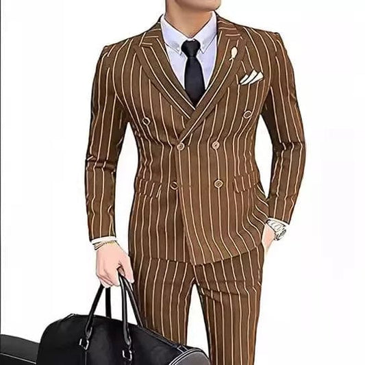 Grey Striped Mens Suits Double Breasted for Wedding Custom Made for Man Costume Groom 2 - Pieces Tuxedos Best Man Blazer Pants - SHOWLU FASHION STORE