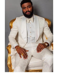 Groomsmen Ivory Pattern Groom Tuxedos Shawl Lapel Men Suits 2 Pieces Wedding Best Man Blazer ( Jacket+Pants+Tie ) C588 - SHOWLU FASHION STORE