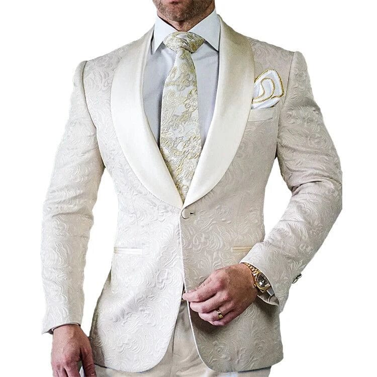Groomsmen Ivory Pattern Groom Tuxedos Shawl Lapel Men Suits 2 Pieces Wedding Best Man Blazer ( Jacket+Pants+Tie ) C588 - SHOWLU FASHION STORE