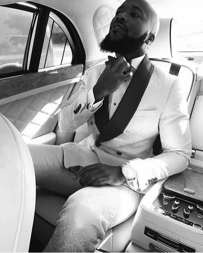 Groomsmen Ivory Pattern Groom Tuxedos Shawl Lapel Men Suits 2 Pieces Wedding Best Man Blazer ( Jacket+Pants+Tie ) C588 - SHOWLU FASHION STORE
