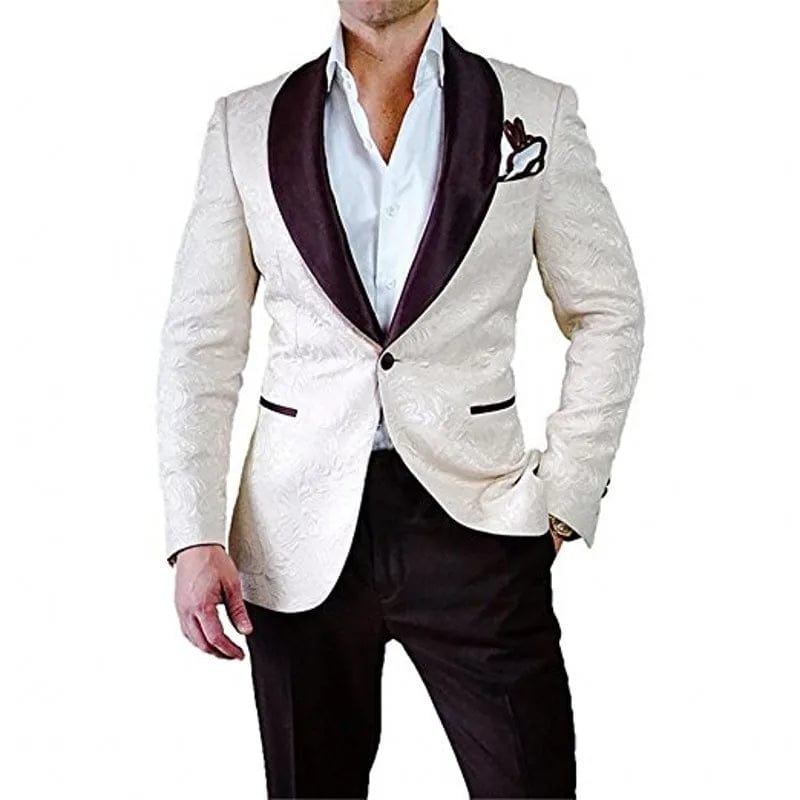 Groomsmen Ivory Pattern Groom Tuxedos Shawl Lapel Men Suits 2 Pieces Wedding Best Man Blazer ( Jacket+Pants+Tie ) C588 - SHOWLU FASHION STORE