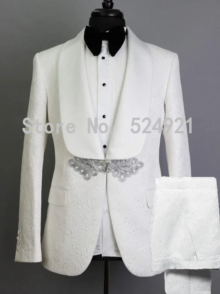 Groomsmen White Pattern Groom Tuxedos Shawl Satin Lapel Men Suits 2 Pieces Wedding Bridegroom ( Jacket + Pants + Tie ) D201 - SHOWLU FASHION STORE