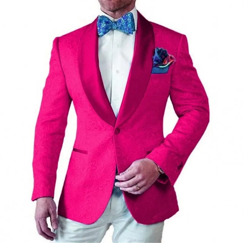 Groomsmen White Pattern Groom Tuxedos Shawl Satin Lapel Men Suits 2 Pieces Wedding Bridegroom ( Jacket + Pants + Tie ) D201 - SHOWLU FASHION STORE