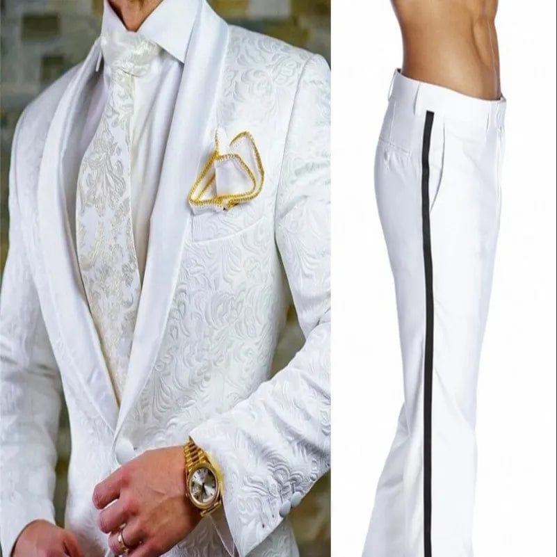 Groomsmen White Pattern Groom Tuxedos Shawl Satin Lapel Men Suits 2 Pieces Wedding Bridegroom ( Jacket + Pants + Tie ) D201 - SHOWLU FASHION STORE