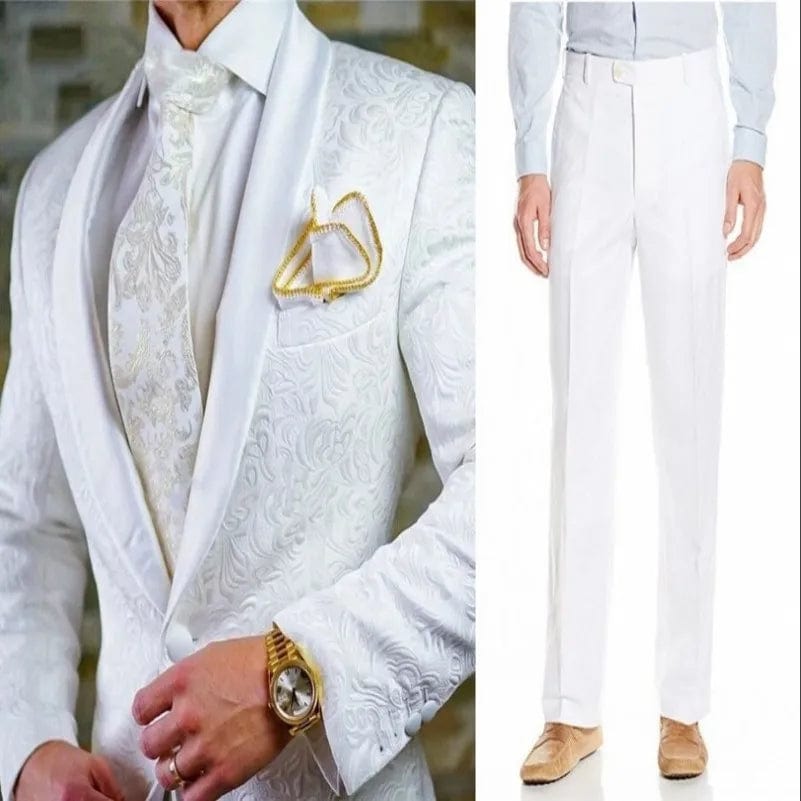 Groomsmen White Pattern Groom Tuxedos Shawl Satin Lapel Men Suits 2 Pieces Wedding Bridegroom ( Jacket + Pants + Tie ) D201 - SHOWLU FASHION STORE