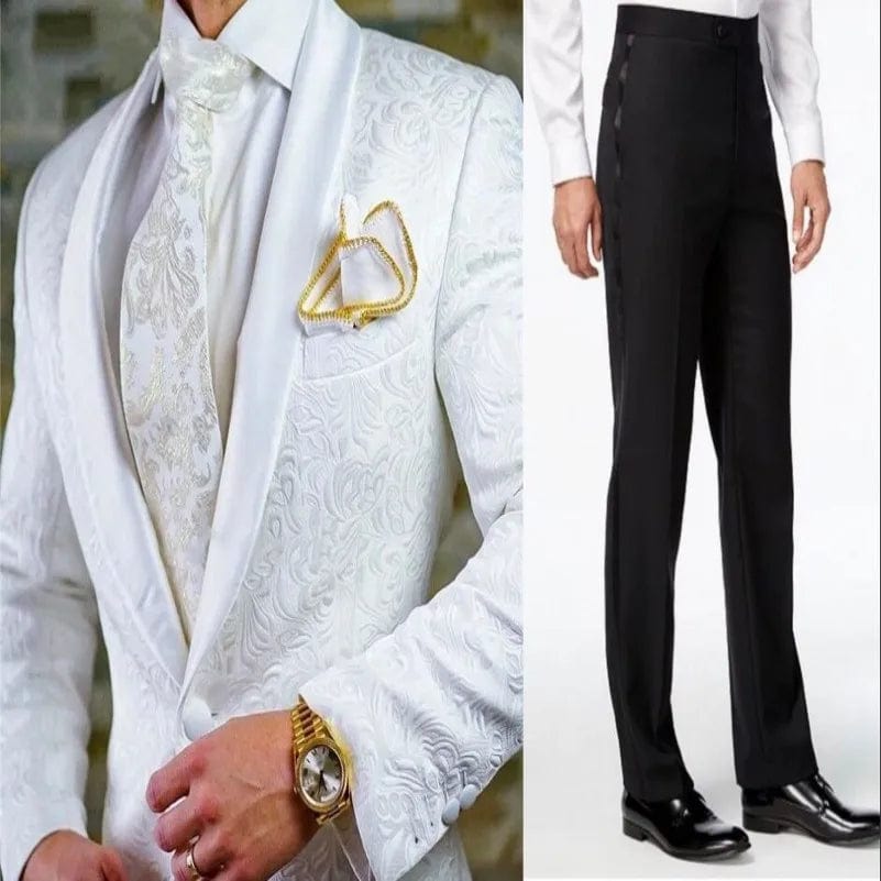 Groomsmen White Pattern Groom Tuxedos Shawl Satin Lapel Men Suits 2 Pieces Wedding Bridegroom ( Jacket + Pants + Tie ) D201 - SHOWLU FASHION STORE