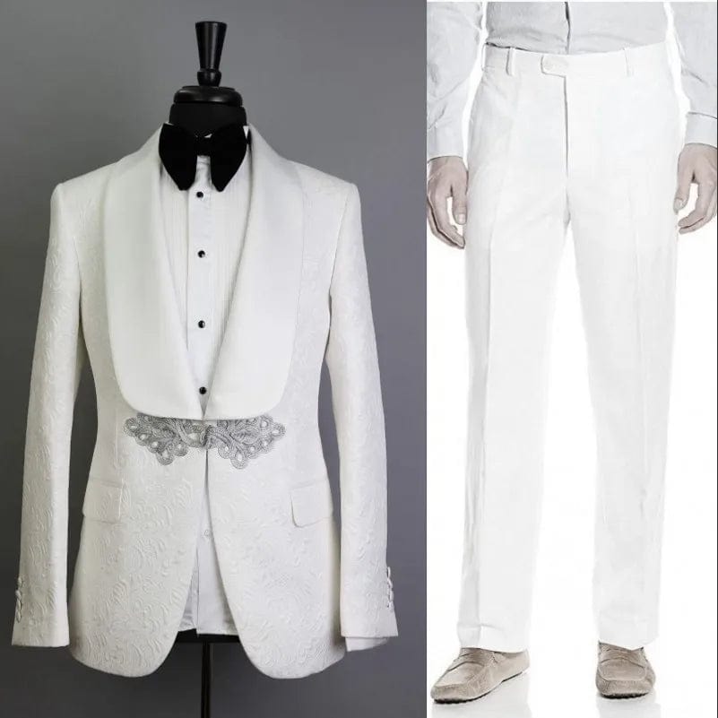 Groomsmen White Pattern Groom Tuxedos Shawl Satin Lapel Men Suits 2 Pieces Wedding Bridegroom ( Jacket + Pants + Tie ) D201 - SHOWLU FASHION STORE