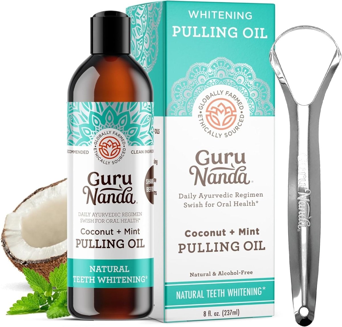 GuruNanda Coconut & Peppermint Oil Pulling (8 Fl.Oz) with Tongue Scraper - Alcohol Free Mouthwash for Fresh Breath, White Teeth & Healthy Teeth & Gums - SHOWLU FASHION STORE