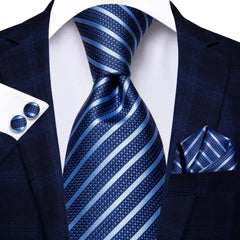 Hi - Tie Navy Blue Striped Silk Wedding Tie For Men Fashion Design Gift Men Necktie Hanky Cufflink Set Business Party Dropshiping - SHOWLU FASHION STORE