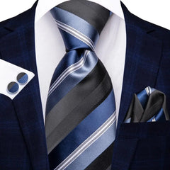 Hi - Tie Navy Blue Striped Silk Wedding Tie For Men Fashion Design Gift Men Necktie Hanky Cufflink Set Business Party Dropshiping - SHOWLU FASHION STORE