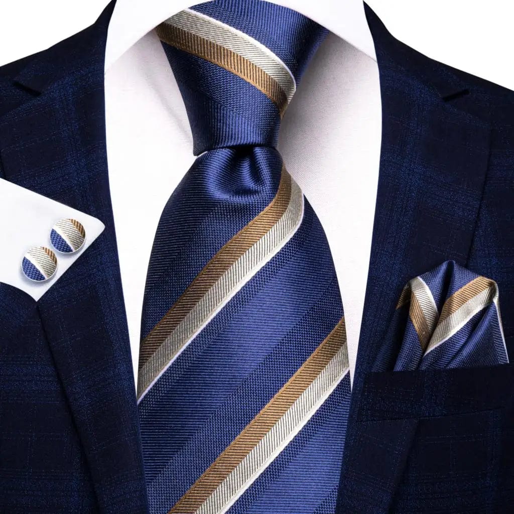 Hi - Tie Navy Blue Striped Silk Wedding Tie For Men Fashion Design Gift Men Necktie Hanky Cufflink Set Business Party Dropshiping - SHOWLU FASHION STORE