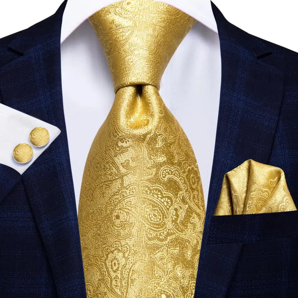 Hi - Tie Solid Gold Yellow Silk Ties For Men Handky Cufflinks Set Fashion Gift For Men's Tie Wedding Business Necktie - SHOWLU FASHION STORE