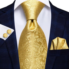 Hi - Tie Solid Gold Yellow Silk Ties For Men Handky Cufflinks Set Fashion Gift For Men's Tie Wedding Business Necktie - SHOWLU FASHION STORE