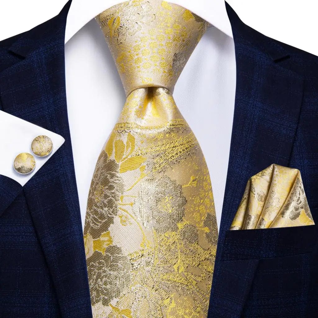 Hi - Tie Solid Gold Yellow Silk Ties For Men Handky Cufflinks Set Fashion Gift For Men's Tie Wedding Business Necktie - SHOWLU FASHION STORE