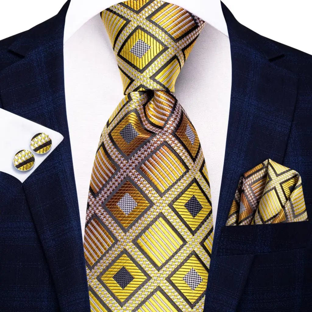 Hi - Tie Solid Gold Yellow Silk Ties For Men Handky Cufflinks Set Fashion Gift For Men's Tie Wedding Business Necktie - SHOWLU FASHION STORE