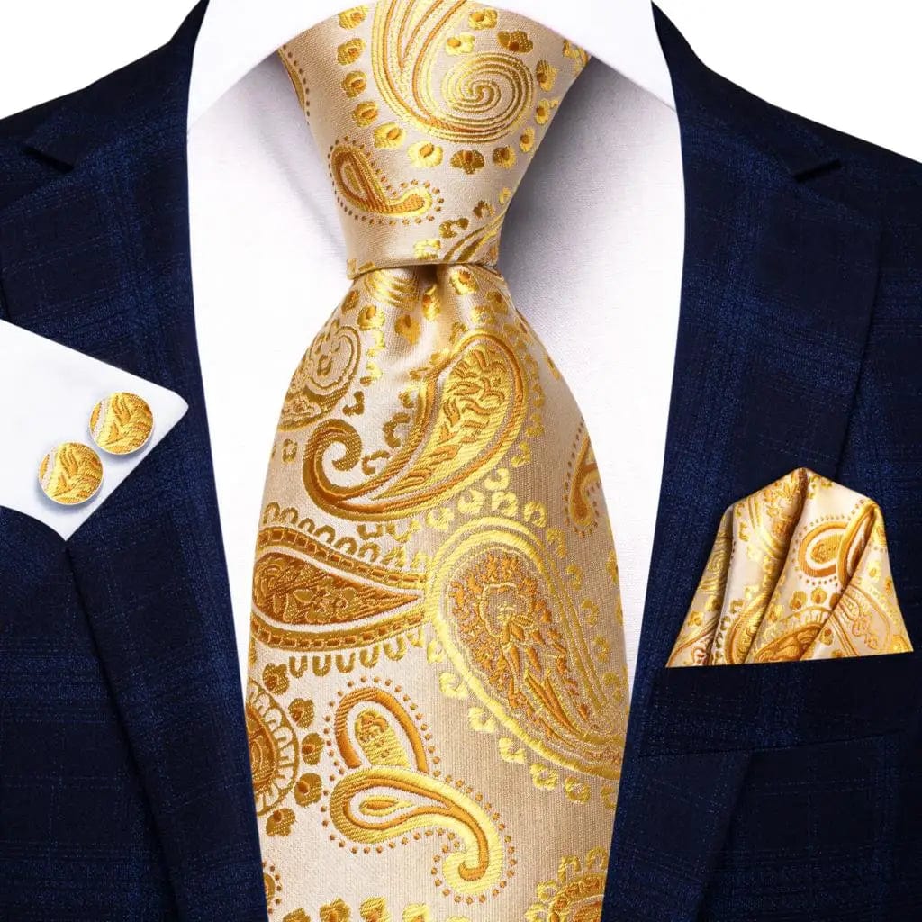 Hi - Tie Solid Gold Yellow Silk Ties For Men Handky Cufflinks Set Fashion Gift For Men's Tie Wedding Business Necktie - SHOWLU FASHION STORE