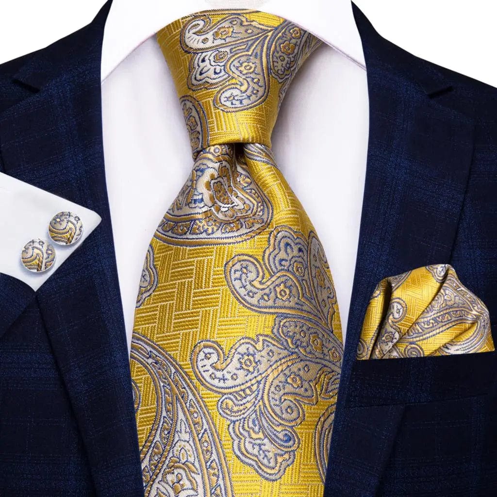 Hi - Tie Solid Gold Yellow Silk Ties For Men Handky Cufflinks Set Fashion Gift For Men's Tie Wedding Business Necktie - SHOWLU FASHION STORE