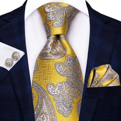 Hi - Tie Solid Gold Yellow Silk Ties For Men Handky Cufflinks Set Fashion Gift For Men's Tie Wedding Business Necktie - SHOWLU FASHION STORE