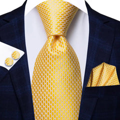 Hi - Tie Solid Gold Yellow Silk Ties For Men Handky Cufflinks Set Fashion Gift For Men's Tie Wedding Business Necktie - SHOWLU FASHION STORE