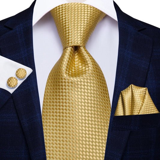 Hi - Tie Solid Gold Yellow Silk Ties For Men Handky Cufflinks Set Fashion Gift For Men's Tie Wedding Business Necktie - SHOWLU FASHION STORE
