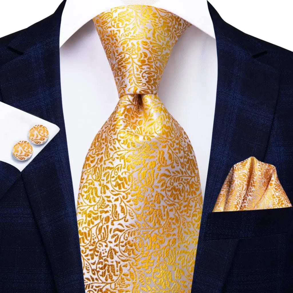 Hi - Tie Solid Gold Yellow Silk Ties For Men Handky Cufflinks Set Fashion Gift For Men's Tie Wedding Business Necktie - SHOWLU FASHION STORE