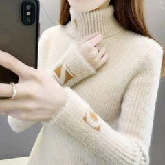 High Collar Pullover Sweater Women Mink Letter Jacquard Underlay Solid Western Knit Undercoat Autumn Winter Pullover Sweater - SHOWLU FASHION STORE