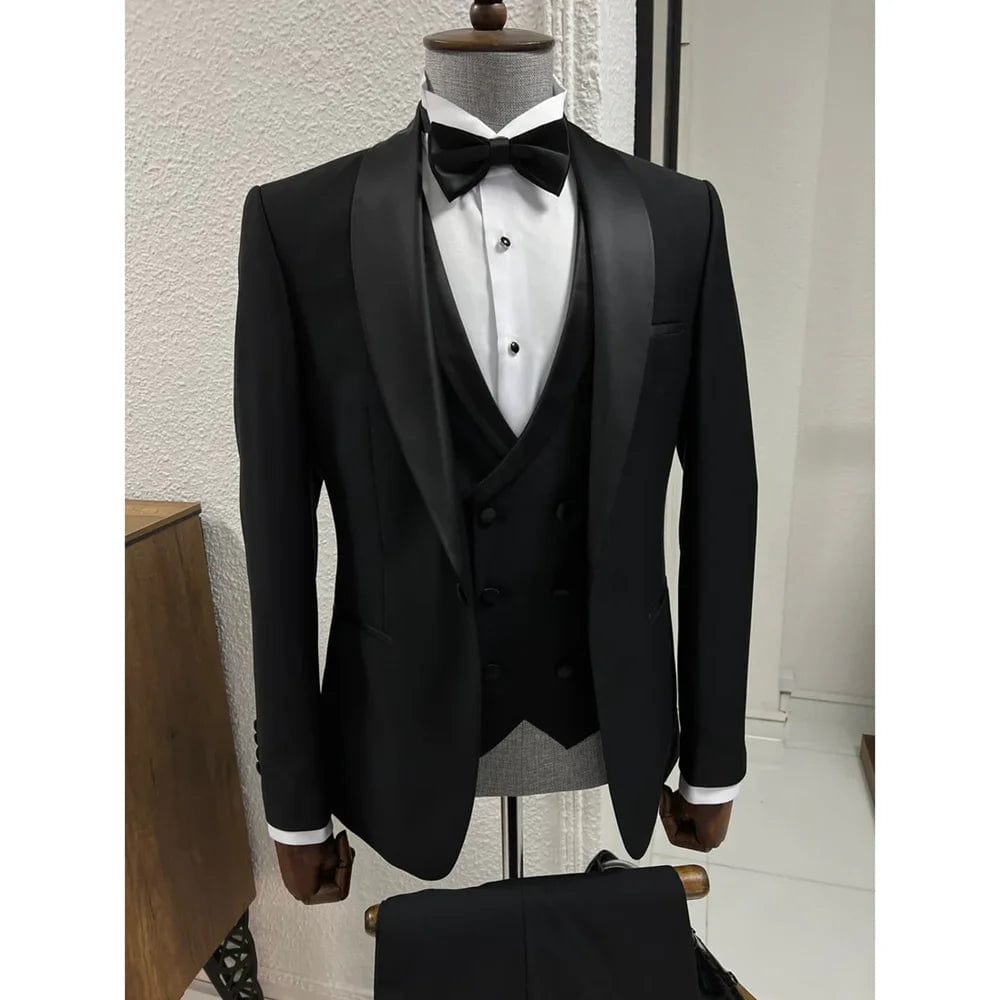 High - end Black Men Suits 3 Piece Elegant Shawl Lapel Singe Button Male Suit Slim Groom Wedding Party Tuxedo (Jacket+Vest+Pants) - SHOWLU FASHION STORE
