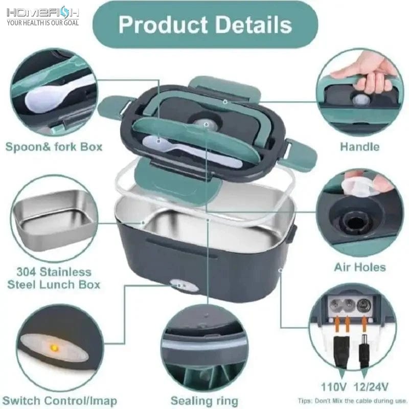 HOMEFISH 1.5 L 60W Electric Lunch Box Food Warmer Portable Food Heater for Car Or Home - Leak Proof 304 Stainless Steel Liner - SHOWLU FASHION STORE