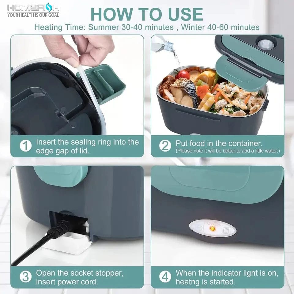 HOMEFISH 1.5 L 60W Electric Lunch Box Food Warmer Portable Food Heater for Car Or Home - Leak Proof 304 Stainless Steel Liner - SHOWLU FASHION STORE
