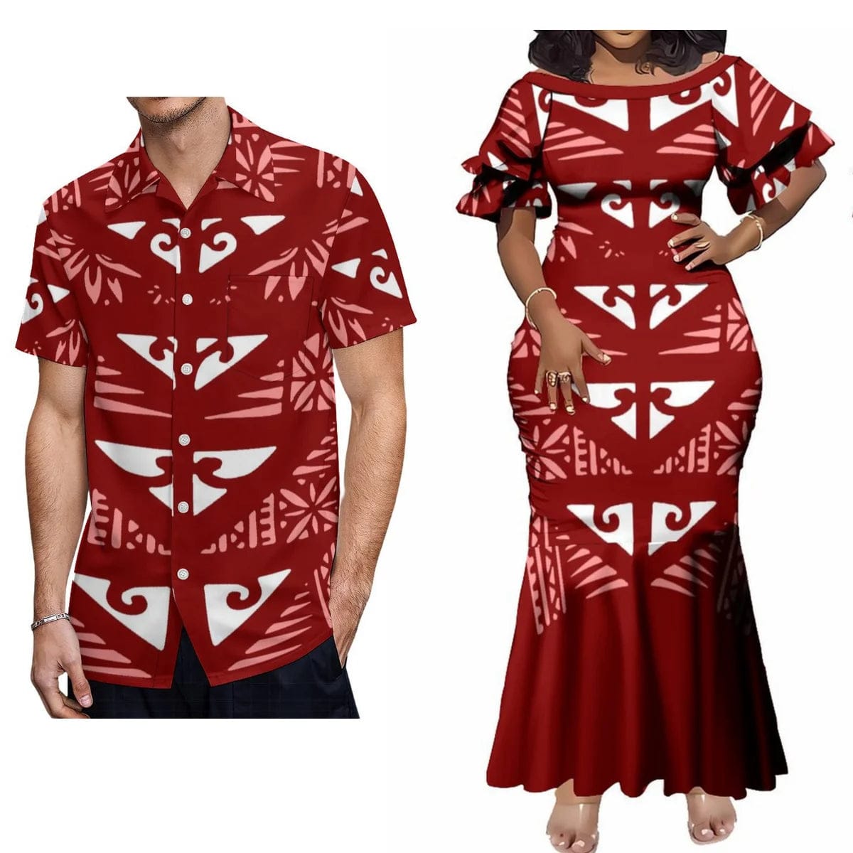 Hot Couple Set Woman Dress Elegant Maxi Dress Women'S Dinner Evening Dress Polynesian Tribe With Men'S Casual Shirt - SHOWLU FASHION STORE