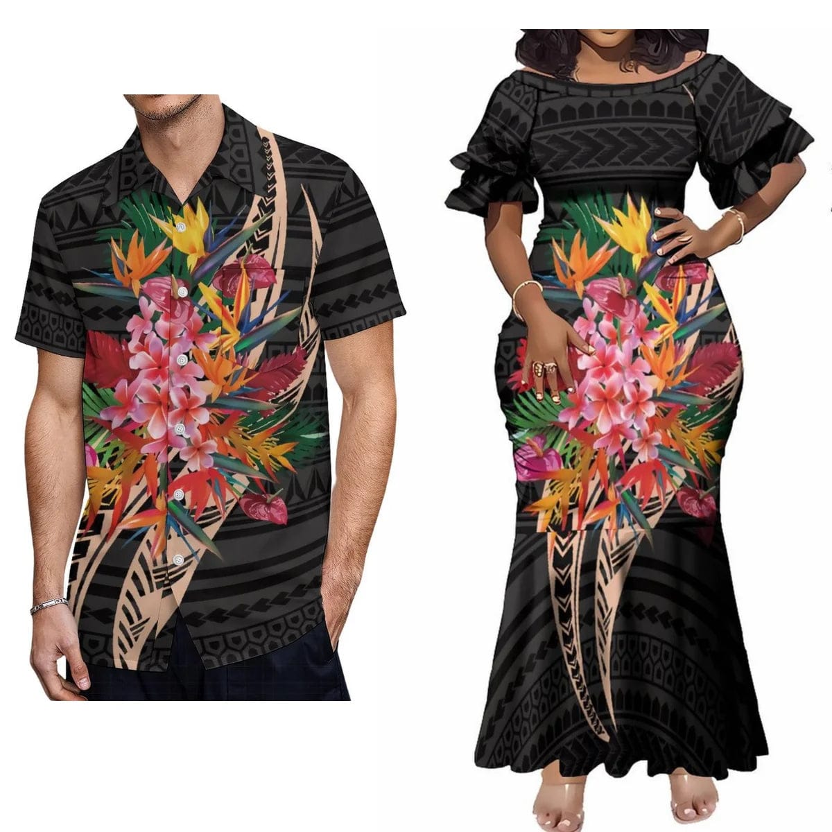 Hot Couple Set Woman Dress Elegant Maxi Dress Women'S Dinner Evening Dress Polynesian Tribe With Men'S Casual Shirt - SHOWLU FASHION STORE