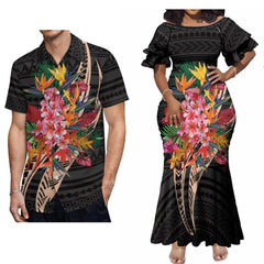 Hot Couple Set Woman Dress Elegant Maxi Dress Women'S Dinner Evening Dress Polynesian Tribe With Men'S Casual Shirt - SHOWLU FASHION STORE