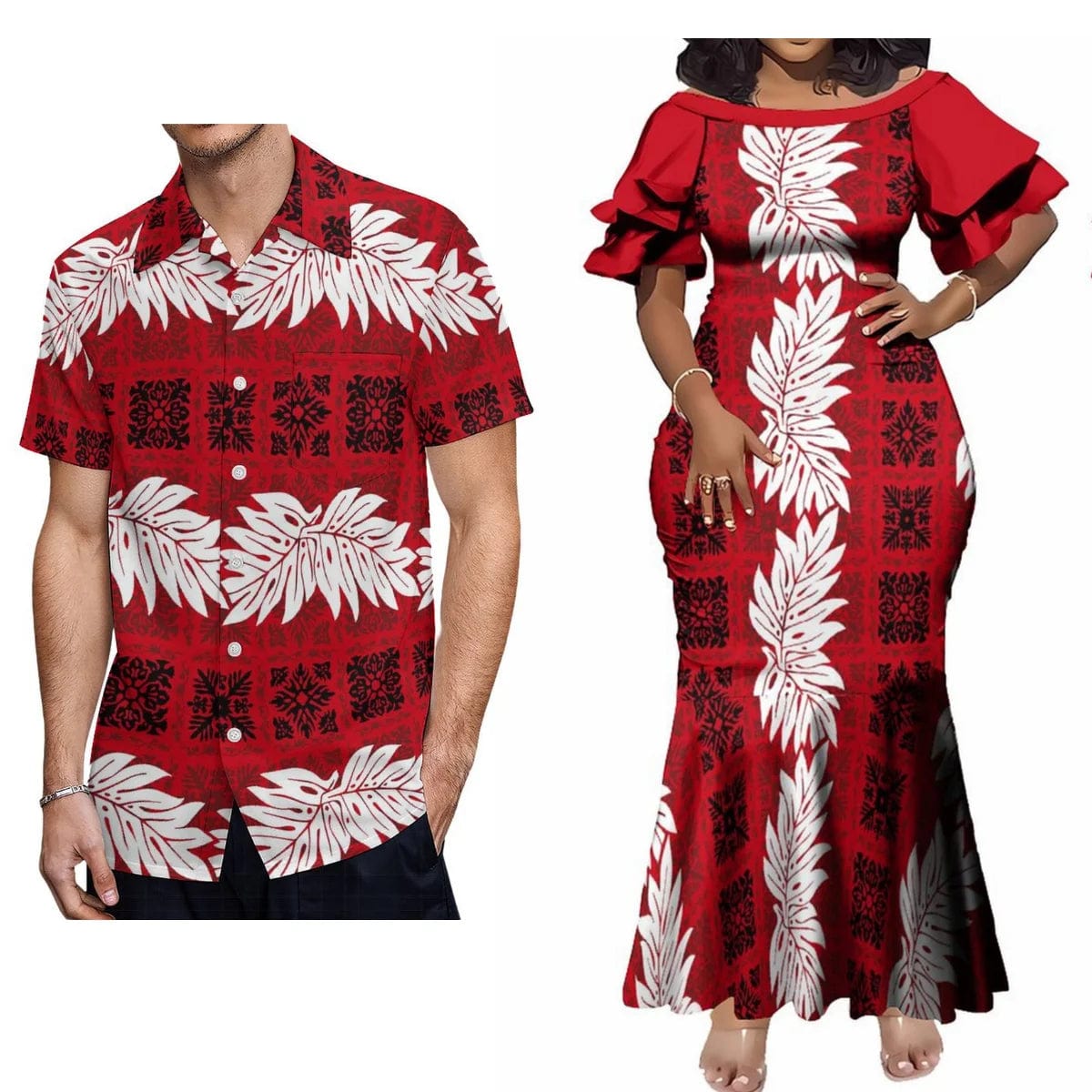 Hot Couple Set Woman Dress Elegant Maxi Dress Women'S Dinner Evening Dress Polynesian Tribe With Men'S Casual Shirt - SHOWLU FASHION STORE