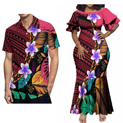 Hot Couple Set Woman Dress Elegant Maxi Dress Women'S Dinner Evening Dress Polynesian Tribe With Men'S Casual Shirt - SHOWLU FASHION STORE