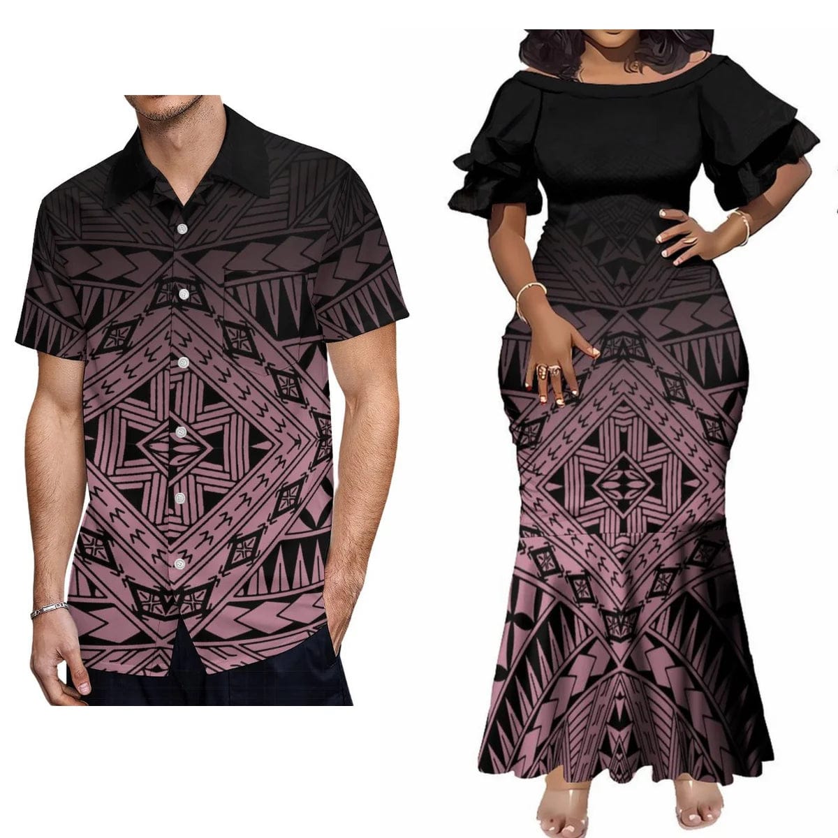 Hot Couple Set Woman Dress Elegant Maxi Dress Women'S Dinner Evening Dress Polynesian Tribe With Men'S Casual Shirt - SHOWLU FASHION STORE