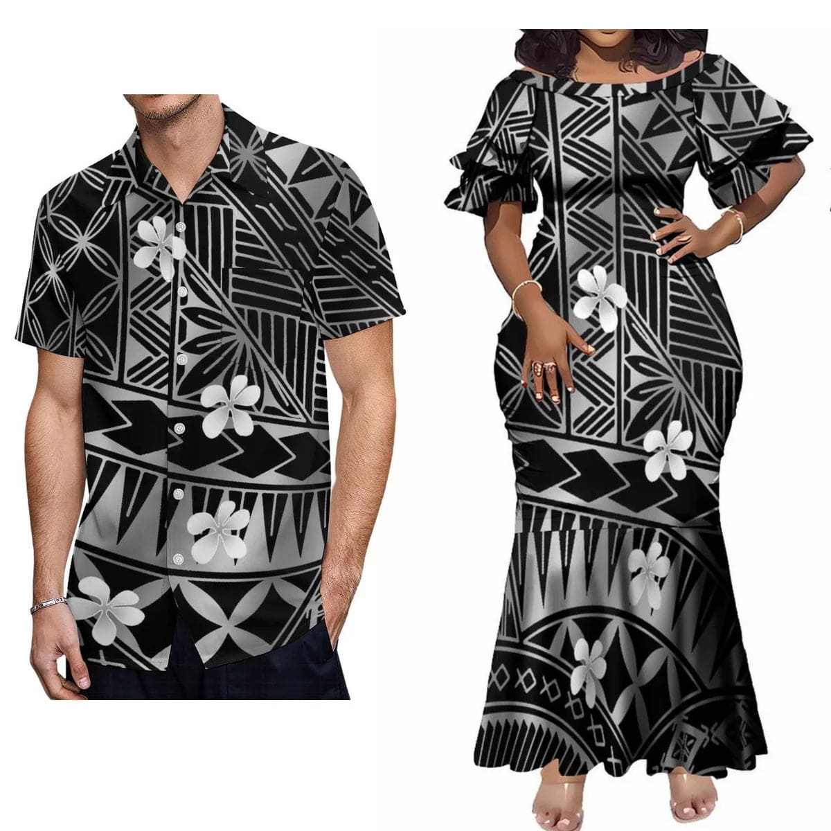 Hot Couple Set Woman Dress Elegant Maxi Dress Women'S Dinner Evening Dress Polynesian Tribe With Men'S Casual Shirt - SHOWLU FASHION STORE