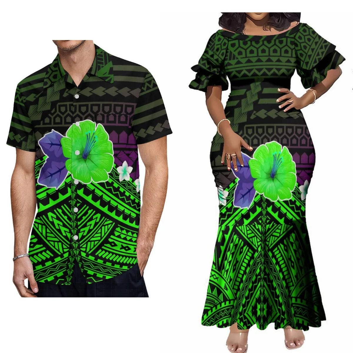 Hot Couple Set Woman Dress Elegant Maxi Dress Women'S Dinner Evening Dress Polynesian Tribe With Men'S Casual Shirt - SHOWLU FASHION STORE
