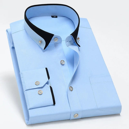 Hot Sale Men's Business Dress Shirts long Sleeve Contrast Collar Social Camisa With Diamond Anti - wrinkle Button Down Black Blue - SHOWLU FASHION STORE