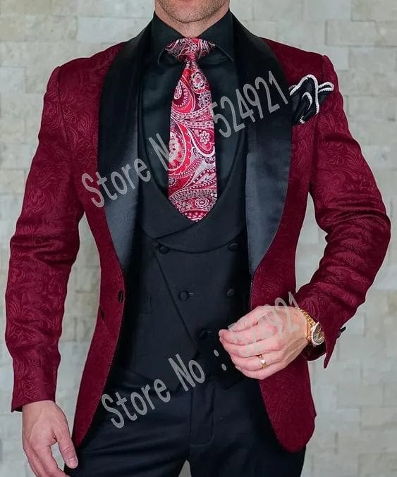 Hot Selling Men Suits Pattern and Black Groom Tuxedos Shawl Satin Lapel Groomsmen Wedding Best Man ( Jacket+Pants+Vest+Tie) C691 - SHOWLU FASHION STORE